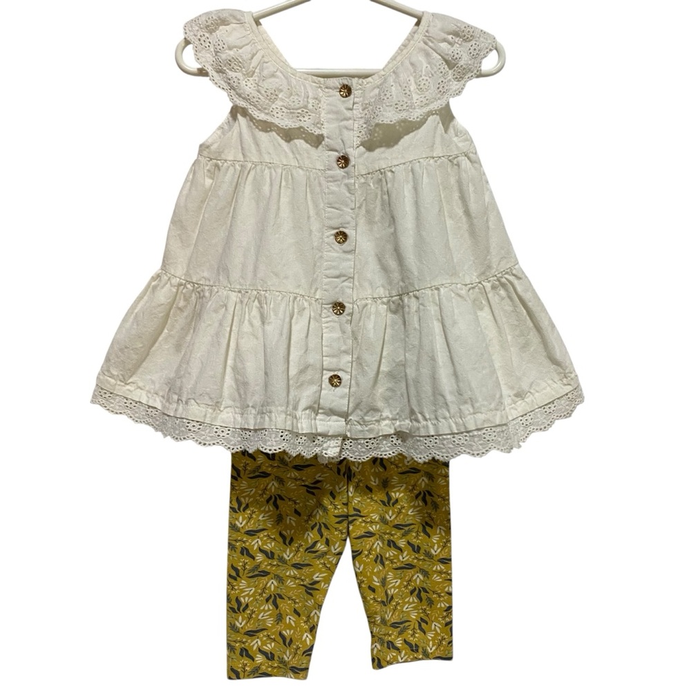 Artisan Ny Top Capri Pants 2-Piece Set White Baby Dress Yellow Accents Cotton